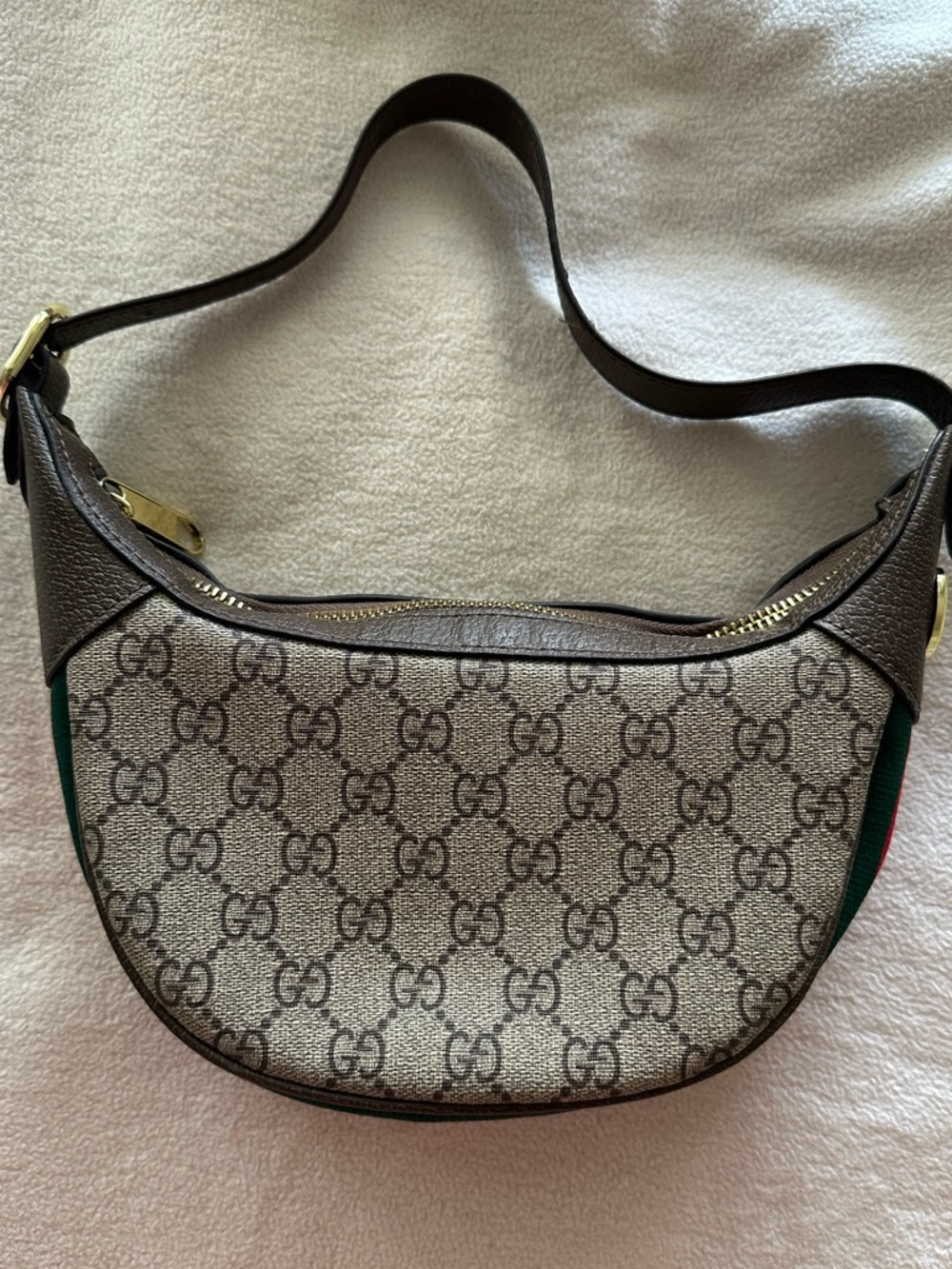 GG Beige/Brown GG Canvas Crescent Bag with Green & Red Web